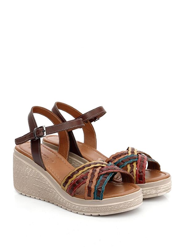 KAHVERENGİ Hakiki Deri Kadın Dolgu Taban Sandalet 45258 - Görsel 5