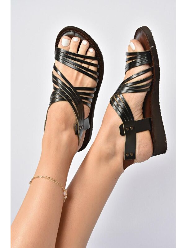 Siyah Hakiki Deri Kadın Sandalet K374680503 - Görsel 4