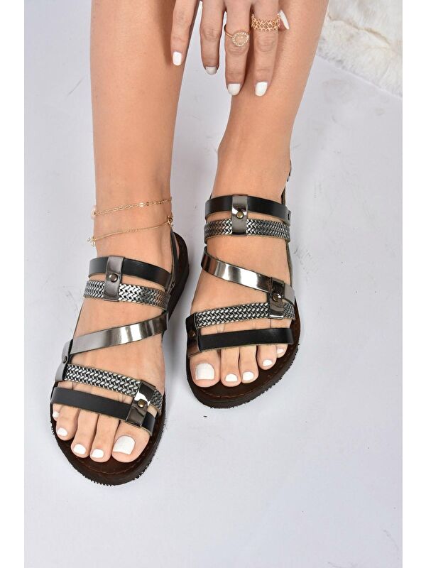 Siyah/Platin Hakiki Deri Kadın Sandalet K374680103 - Görsel 5