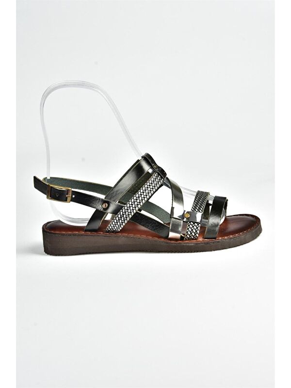 Siyah/Platin Hakiki Deri Kadın Sandalet K374680103 - Görsel 6