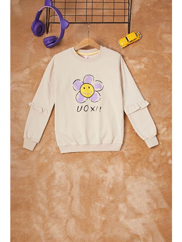 Pembe Life Kids Club Krem Papatya Baskılı Kız Çocuk Sweatshirt 16614