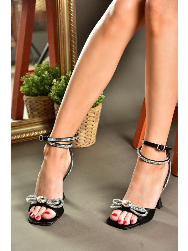 M654251504 Siyah Saten Kumaş İnce Topuklu Kadın Ayakkabı - Görsel 5