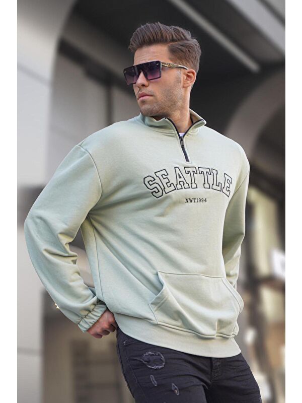 Madmext Mint Yeşili Fermuar Yakalı Nakışlı Sweatshirt 6026