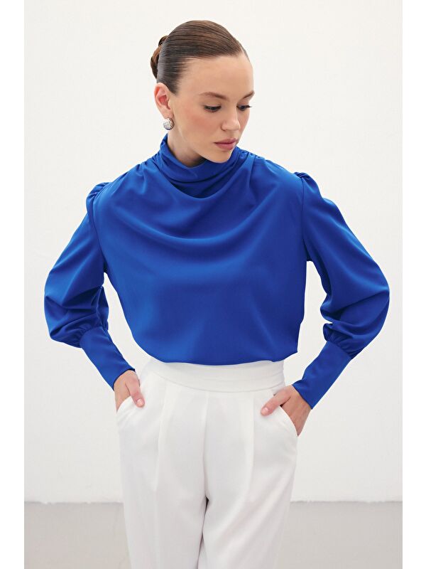 SATEEN Drape Detaylı Bluz - Sax Mavi