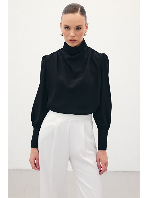 SATEEN Drape Detaylı Bluz - Siyah