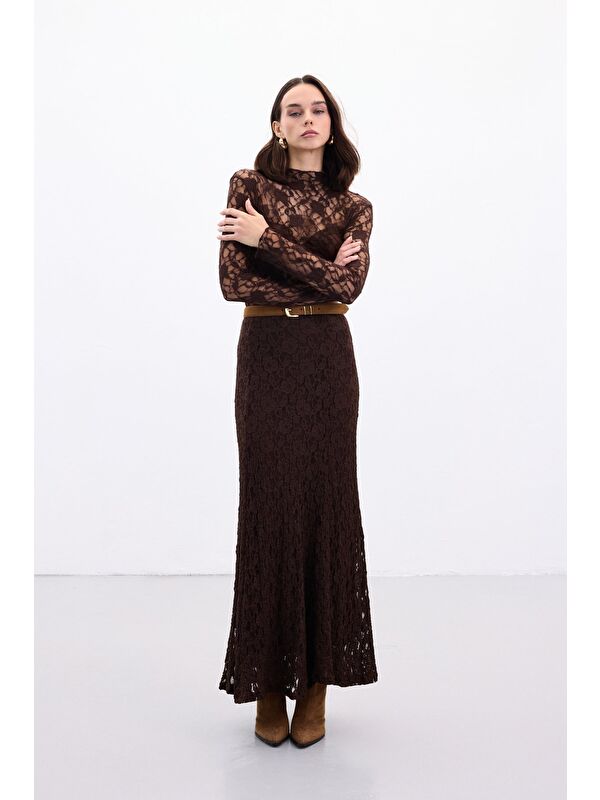 SATEEN Dantelli Uzun Etek - Kahve