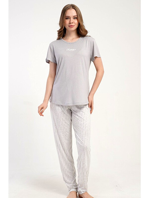 C&City Yuvarlak Yaka Kısa Kollu Pijama Takımı Gri-512221