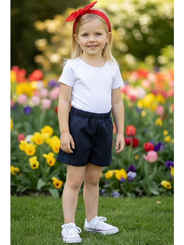 Parla Kids Kız Bebek Lacivert Çizgili Jean Şort Kırmızı Fiyonk Bandana Takım