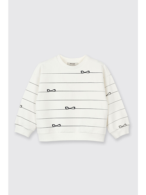 Panço Kız Bebek Fiyonk Desenli Ekru Sweatshirt