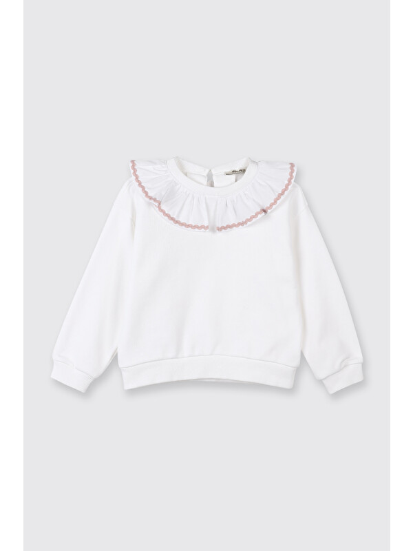 Panço Kız Bebek Fırfır Yaka Detaylı Su Taşı Detaylı Beyaz Sweatshirt