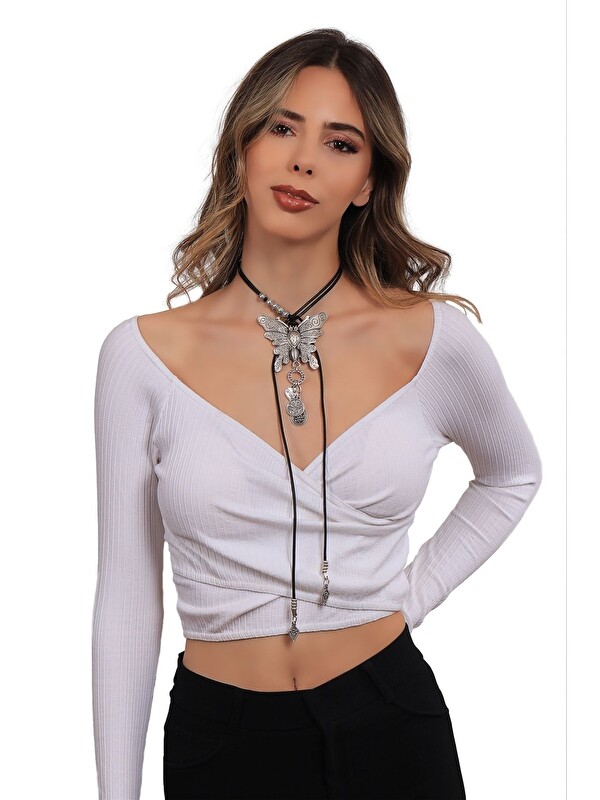 Labalaba Kadın Antik Gümüş Kaplama Kelebek Charmlı Dolama Model Tasarım Ip Kolye