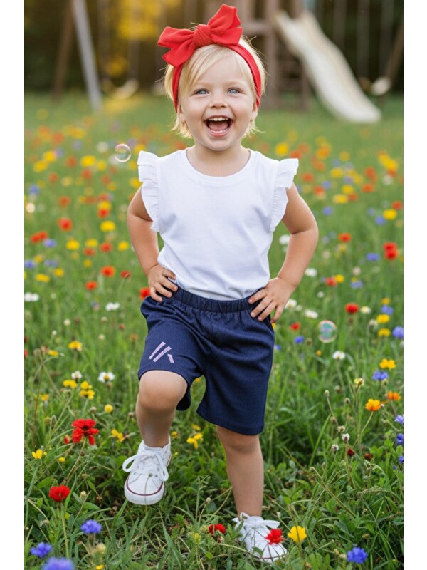 Parla Kids Kız Çocuk Lacivert Jean Şort Kırmızı Dev Fiyonk Bandana Takım