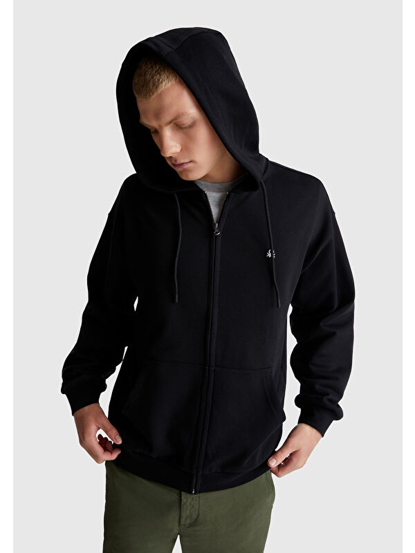 United Colors Of Benetton Siyah  100 Pamuk Dar Kesim  Kapüşonlu %100 Pamuk Erkek Fermuarlı Sweatshirt Hırka