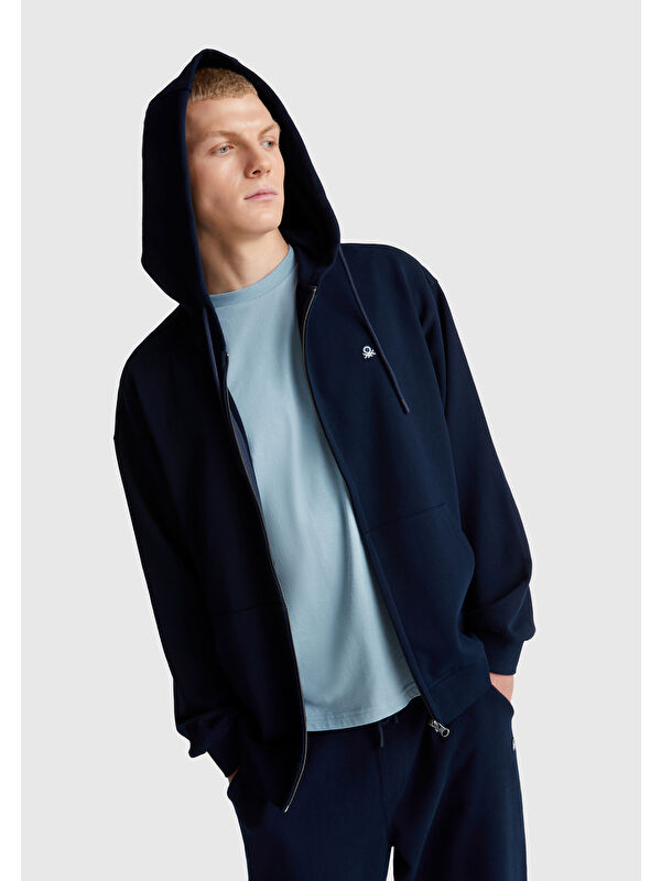 United Colors Of Benetton Lacivert  100 Pamuk Dar Kesim  Kapüşonlu %100 Pamuk Erkek Fermuarlı Sweatshirt Hırka