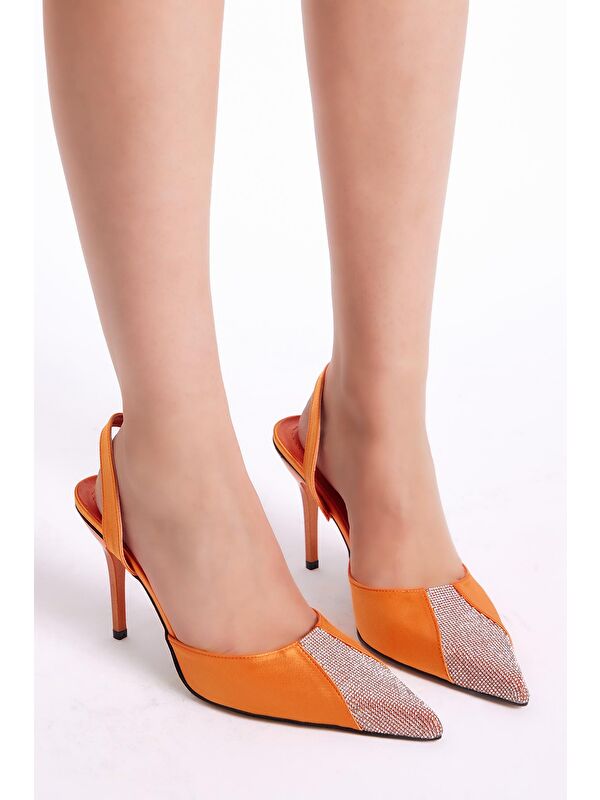 Kadın Oranj Gecce Serisi Önü Taş İşlemeli Sivri Burunlu Topluklu Ayakkabı - Görsel 4