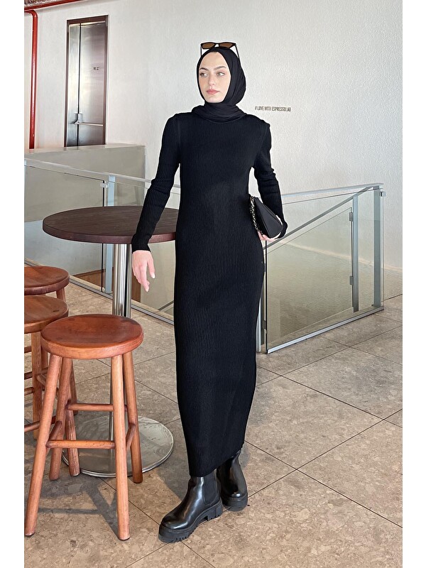 Lamelif Bisiklet Yaka Triko Elbise Siyah