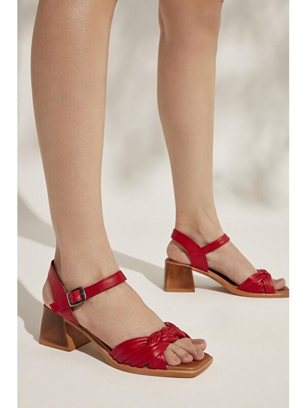 Kadın Hakiki Deri Topuklu Sandalet 131992 19001 Kırmızı - Görsel 5