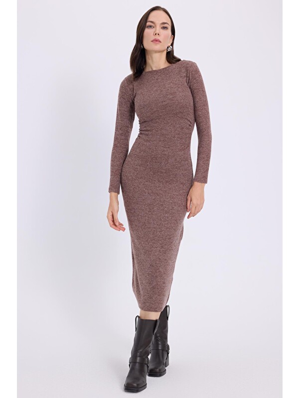 TUDORS Kadın Slim Fit Dar Kesim Bisiklet Yaka Kahverengi Elbise