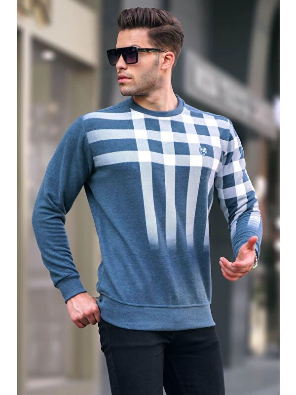 Madmext İndigo Bisiklet Yaka Baskılı Sweatshirt 6031