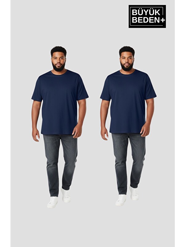 Süperlife Büyük Beden Erkek Regular Kalıp Basic Bisiklet Yaka 2'li Tişört Seti 3XL-6XL SPR26BTS510+2