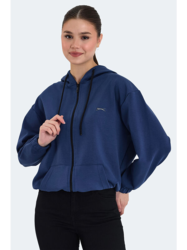SLAZENGER KIMBERLEY IN Kadın Fermuarlı Kapüşonlu Cepli Indigo Sweatshırt