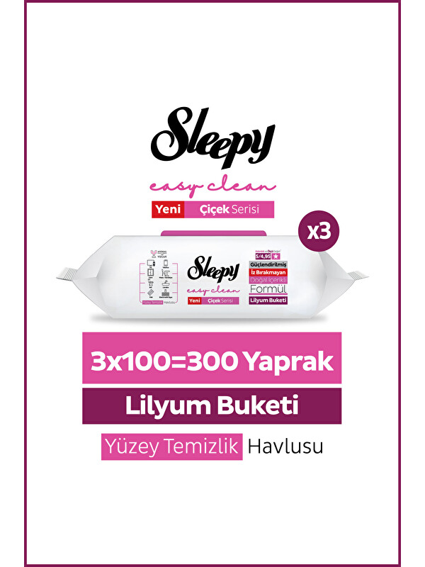 Sleepy Easy Clean Lilyum Buketi Yüzey Temizlik Havlusu Mendili 3x100 (300 Yaprak)