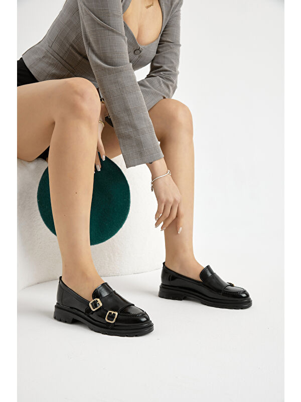 Tonny Black Siyah Tonny Black Kalin Poli Kadın Taban Çift Tokalı Günlük Loafer