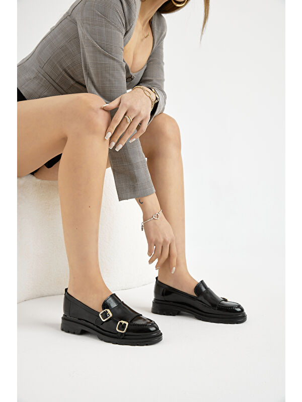 Tonny Black Siyah Tonny Black Kalin Poli Kadın Taban Çift Tokalı Günlük Loafer