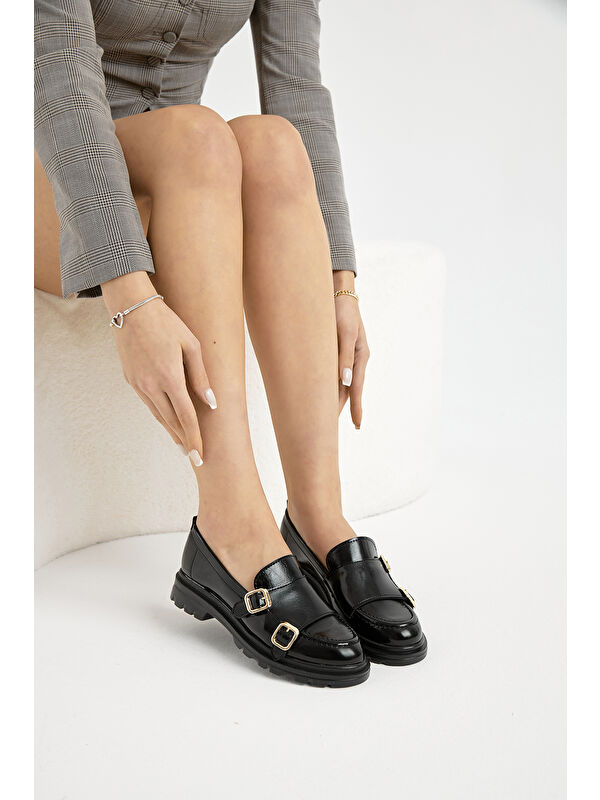 Tonny Black Siyah Tonny Black Kalin Poli Kadın Taban Çift Tokalı Günlük Loafer