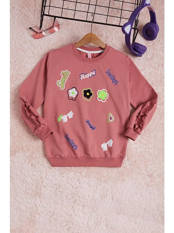 Pembe Life Kids Club Gül Kurusu Çiçek Nakışlı Uzun Kol Kız Çocuk Sweatshirt 16301