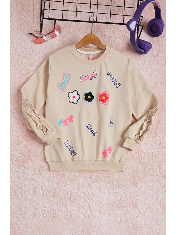 Pembe Life Kids Club Krem Çiçek Nakışlı Uzun Kol Kız Çocuk Sweatshirt 16302