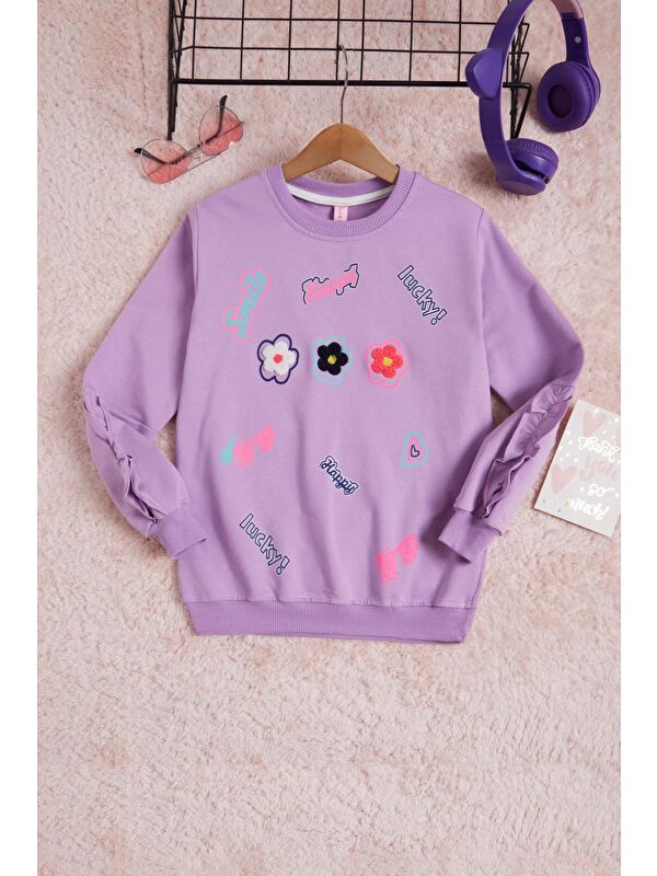 Pembe Life Kids Club Lila Çiçek Nakışlı Uzun Kol Kız Çocuk Sweatshirt 16307