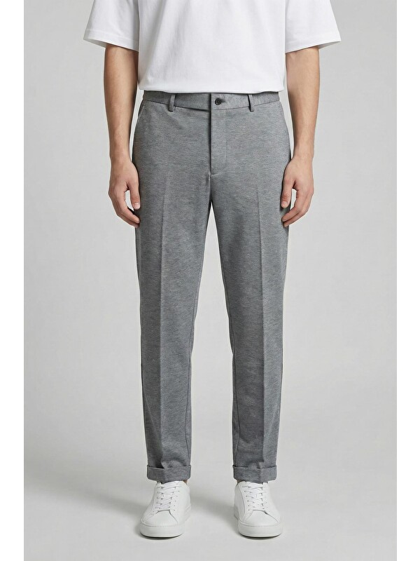 Sabri Özel Giotelli Erkek Gri Dar Kesim Slim Fit Viskon Kemerli Bel Duble Paça 6 Drop Pantolon