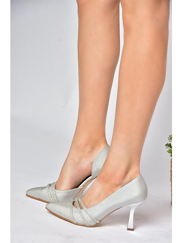P246068504 Gümüş Kumaş İnce Topuklu Kadın Abiye Ayakkabı - Görsel 3