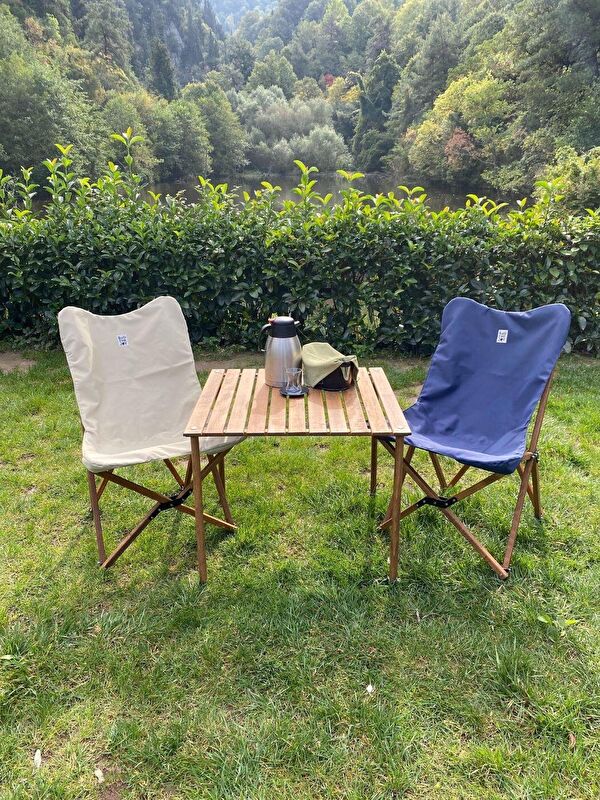 Bag The Joy Ahşap Katlanır Kahverengi – Bej Masa Sandalye Seti 70*70*55cm