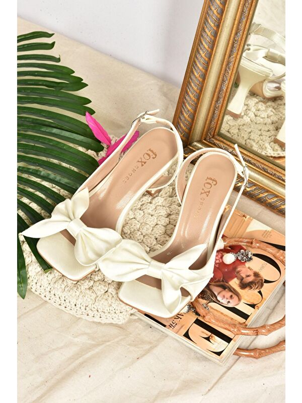 Bej Saten Kurdele Detaylı Kadın Topuklu Ayakkabı K749384904 - Görsel 6