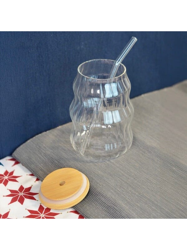 Paçi Bambu Kapaklı Pipetli Çizgili Bardak - Açık Kahverengi / Şeffaf - 450 ml