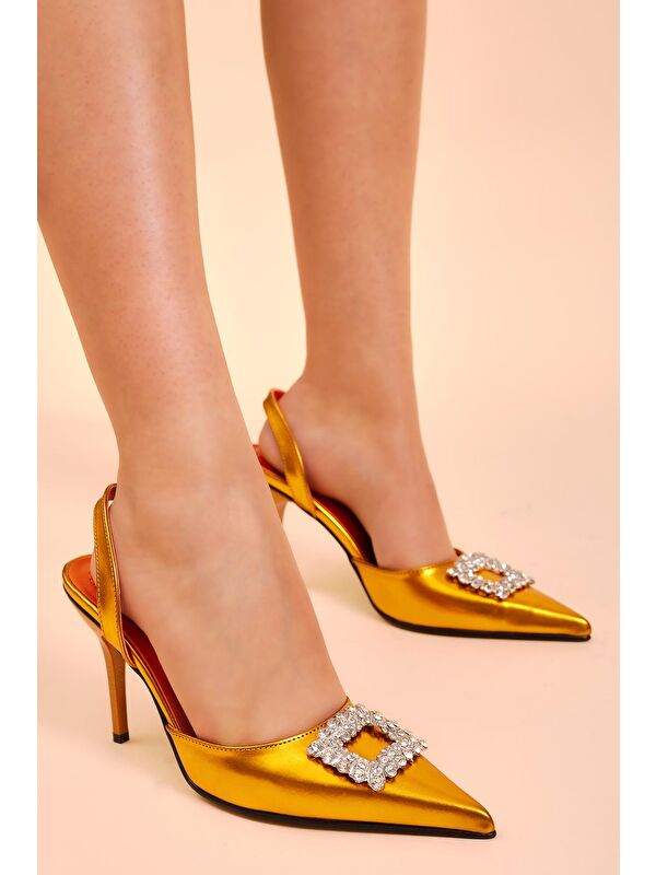 Kadın Oranj Gecce Serisi Önü Tokalı Sivri Burunlu Topuklu Ayakkabı - Görsel 4