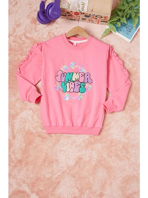 Pembe Life Kids Club Pembe Summer Yazı Nakışlı Kız Çocuk Sweatshirt 16583