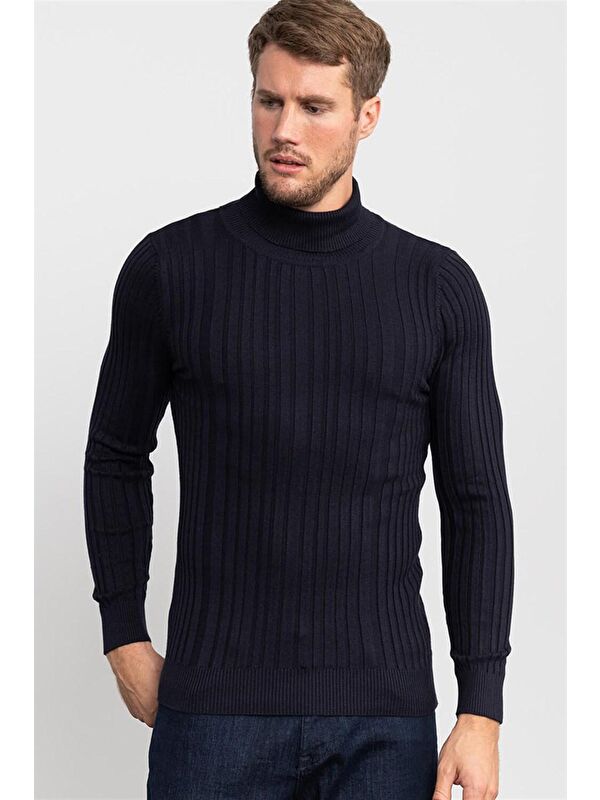 TUDORS Slim Fit Tam Balıkçı Yaka Erkek Lacivert Kazak