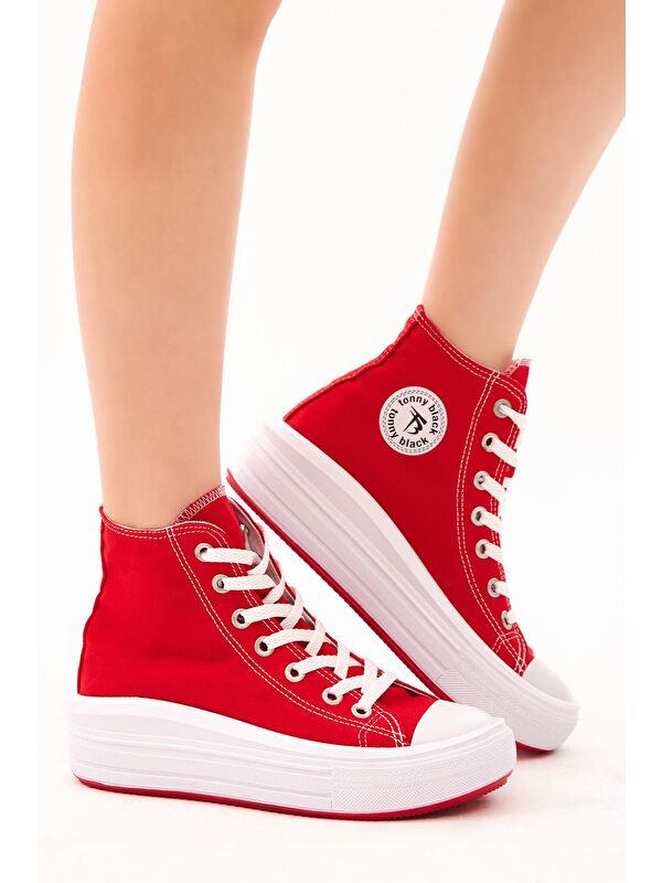 Kadın Kırmızı Rahat Kalıp Kalın Tabanlı Uzun Spor Ayakkabı - Görsel 3