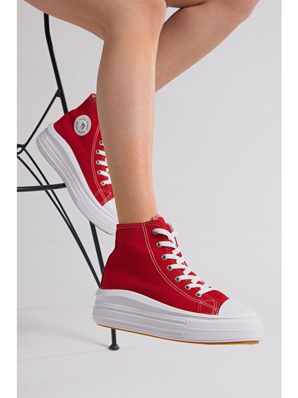 Kadın Kırmızı Rahat Kalıp Kalın Tabanlı Uzun Spor Ayakkabı - Görsel 5