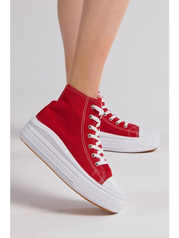 Kadın Kırmızı Rahat Kalıp Kalın Tabanlı Uzun Spor Ayakkabı - Görsel 6