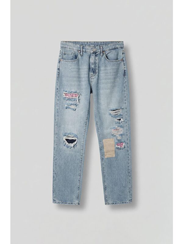 Abluka Online Erkek Baggy Fit Patchwork Hype Jean Pantolon Mavi