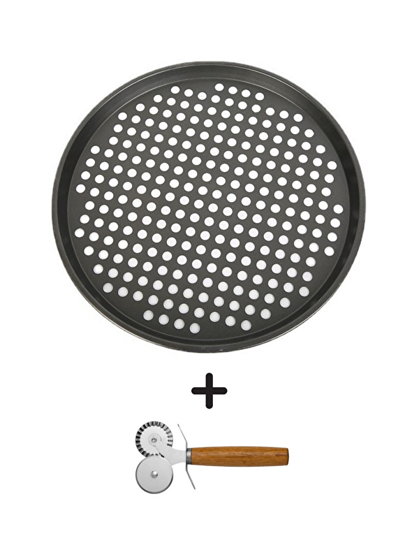 Kitchen Design Lab Paslanmaz Karbon Çelik, Delikli, Yanmaz 32 Cm Büyük Boy Pizza ve Lahmacun Tepsisi ve Pizza Ruleti