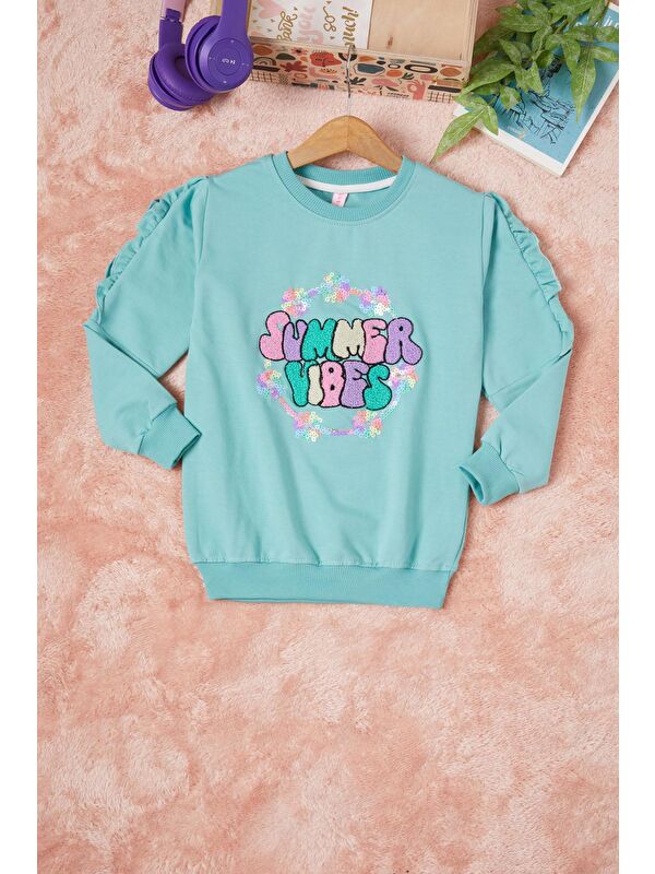 Pembe Life Kids Club Yeşil Summer Yazı Nakışlı Kız Çocuk Sweatshirt 16585