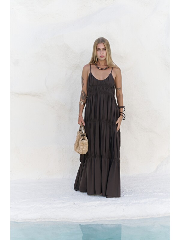 Mai Collection Dozza Askılı Kahve Uzun Elbise