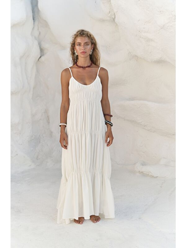 Mai Collection Dozza Askılı Ekru Uzun Elbise