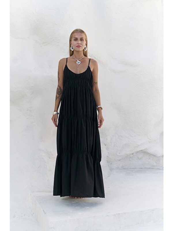 Mai Collection Dozza Askılı Siyah Uzun Elbise