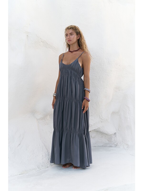 Mai Collection Dozza Askılı Antrasit Uzun Elbise